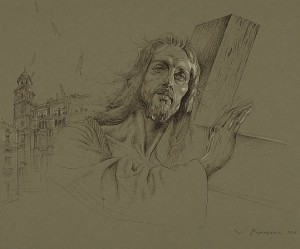 Jesús Nazareno del Paso bendiciendo la ciudad de Málaga. Tinta china y lápiz blanco, 70 x 100 cm. 2008